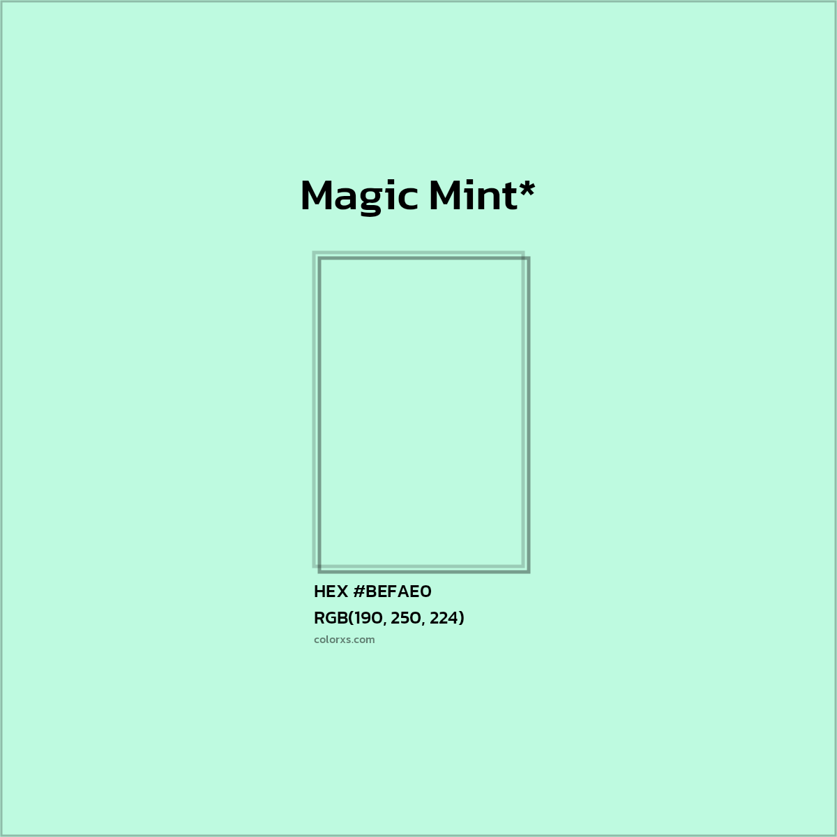 #BEFAE0 hex color. RGB, RYB, CMYK, HSL, HSV codes and color conversions. Matching color names, palettes, paints.