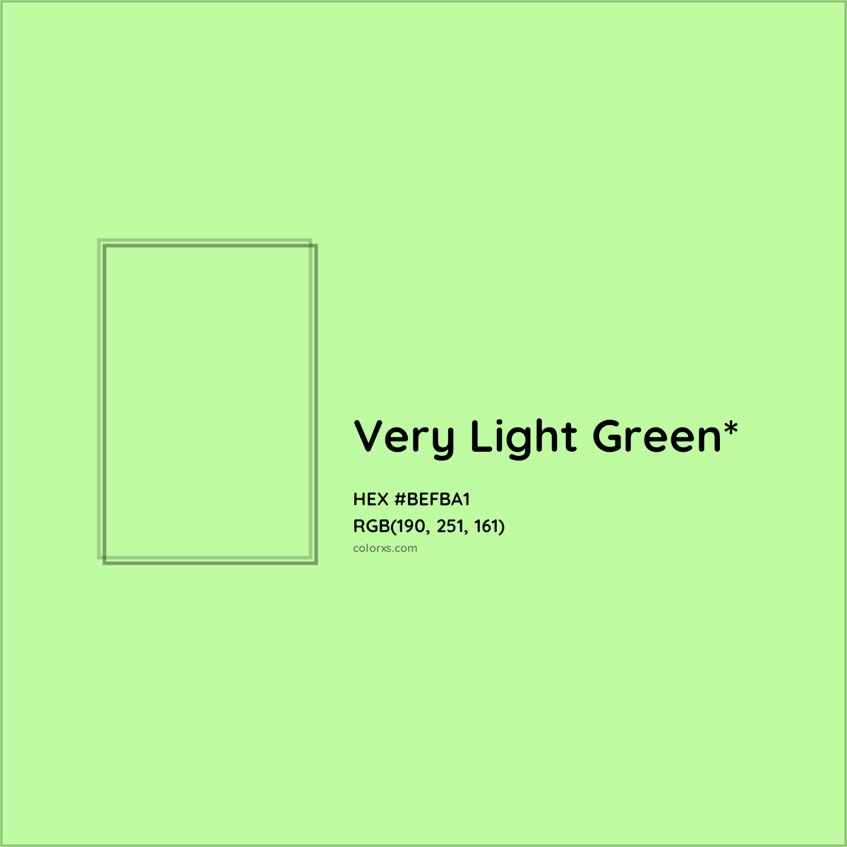#BEFBA1 hex color. RGB, RYB, CMYK, HSL, HSV codes and color conversions. Matching color names, palettes, paints.