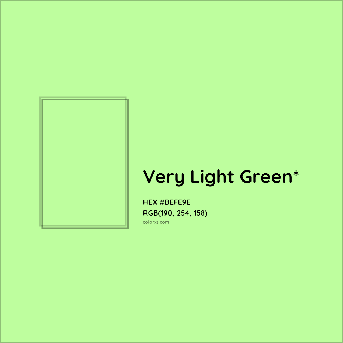 #BEFE9E hex color. RGB, RYB, CMYK, HSL, HSV codes and color conversions. Matching color names, palettes, paints.