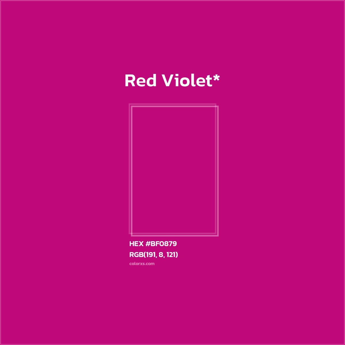 #BF0879 hex color. RGB, RYB, CMYK, HSL, HSV codes and color conversions. Matching color names, palettes, paints.