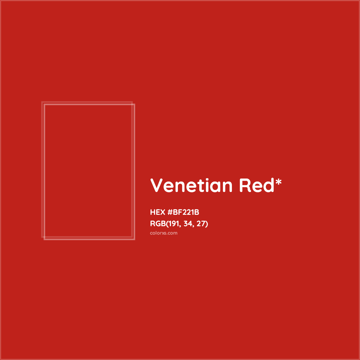 #BF221B hex color. RGB, RYB, CMYK, HSL, HSV codes and color conversions. Matching color names, palettes, paints.