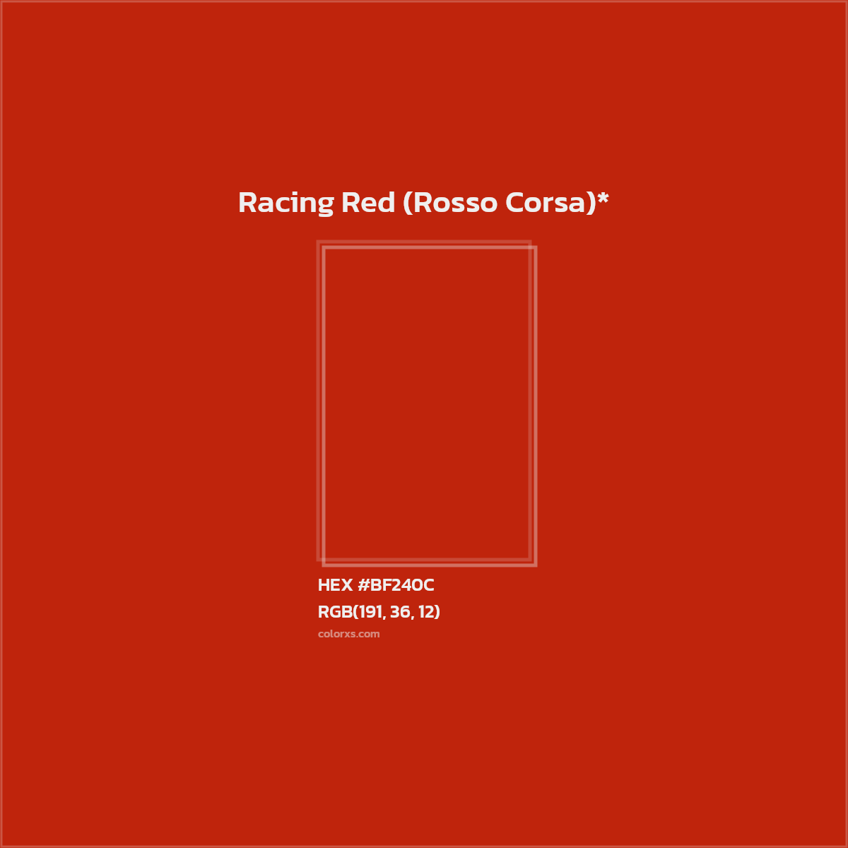 #BF240C hex color. RGB, RYB, CMYK, HSL, HSV codes and color conversions. Matching color names, palettes, paints.
