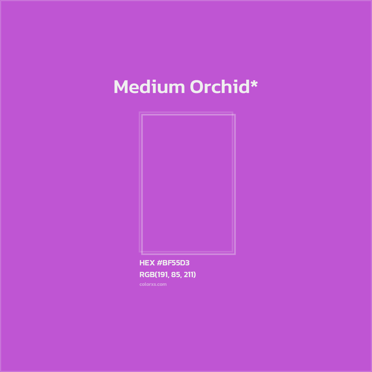 #BF55D3 hex color. RGB, RYB, CMYK, HSL, HSV codes and color conversions. Matching color names, palettes, paints.