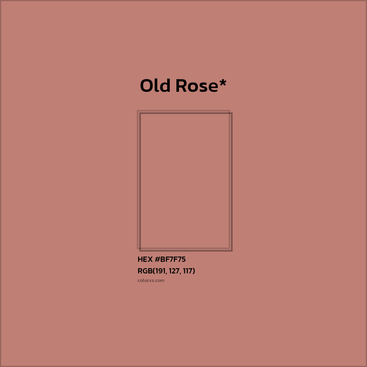 #BF7F75 hex color. RGB, RYB, CMYK, HSL, HSV codes and color conversions. Matching color names, palettes, paints.