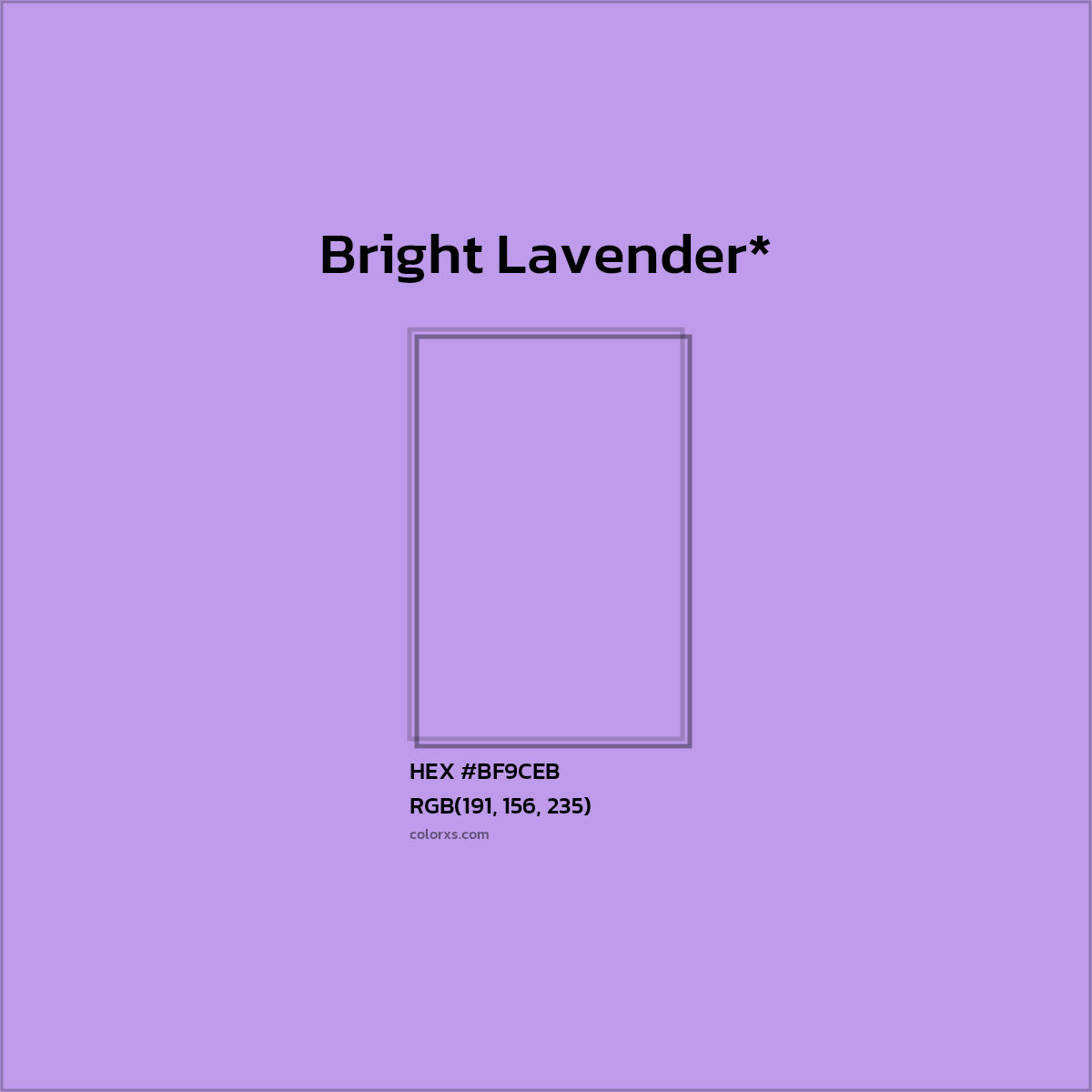 #BF9CEB hex color. RGB, RYB, CMYK, HSL, HSV codes and color conversions. Matching color names, palettes, paints.