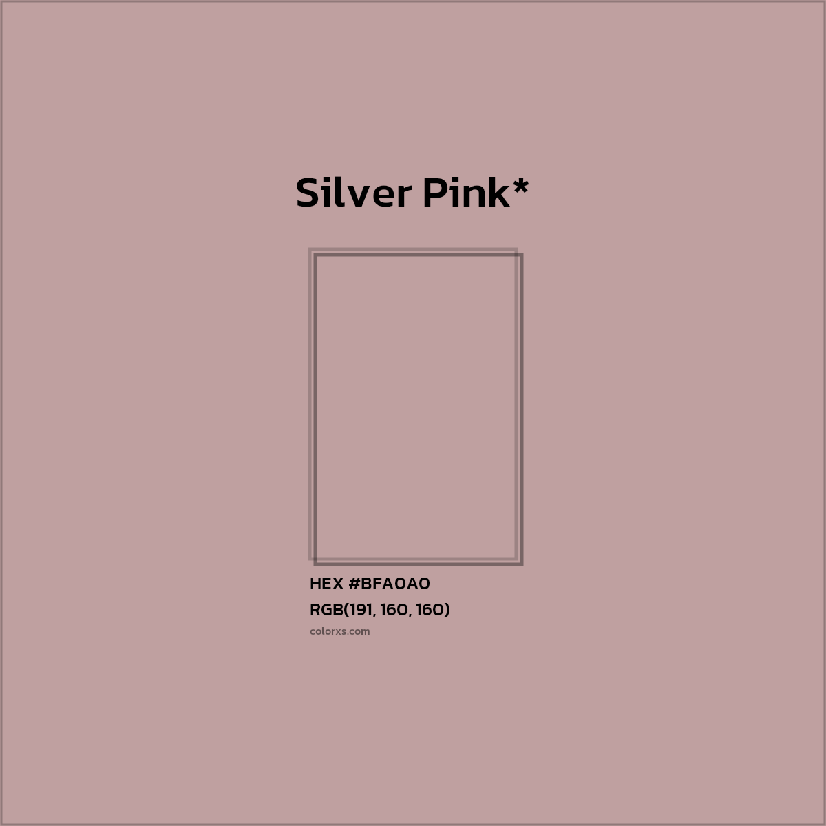 #BFA0A0 hex color. RGB, RYB, CMYK, HSL, HSV codes and color conversions. Matching color names, palettes, paints.