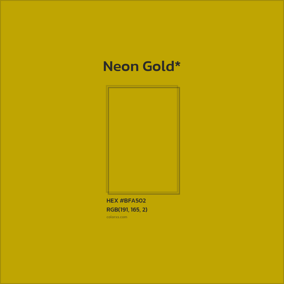 #BFA502 hex color. RGB, RYB, CMYK, HSL, HSV codes and color conversions. Matching color names, palettes, paints.