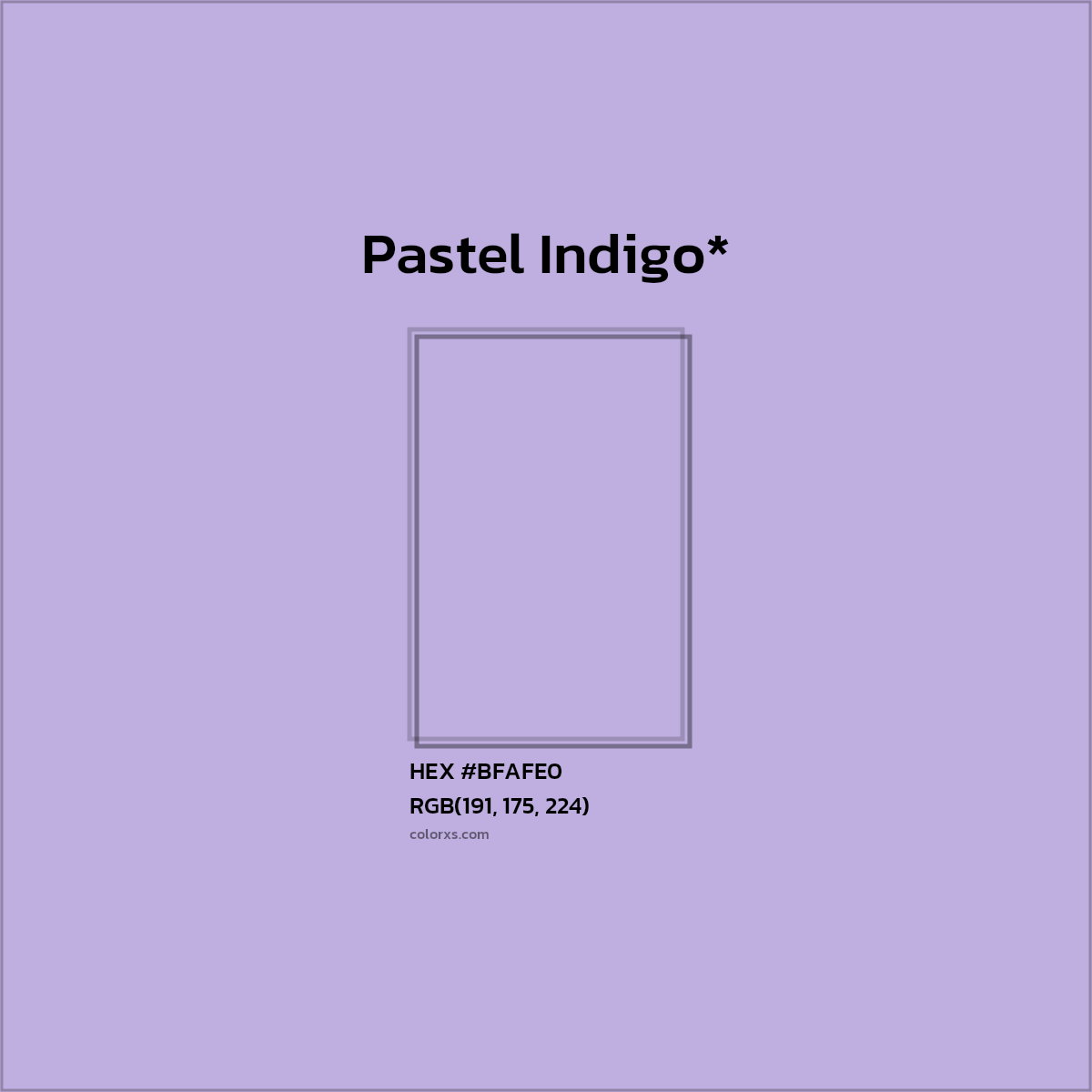 #BFAFE0 hex color. RGB, RYB, CMYK, HSL, HSV codes and color conversions. Matching color names, palettes, paints.