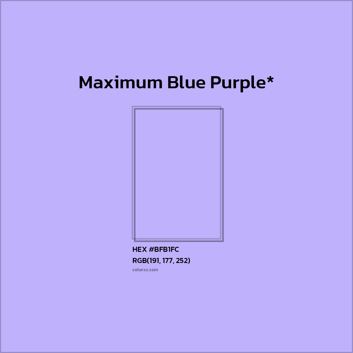 #BFB1FC hex color. RGB, RYB, CMYK, HSL, HSV codes and color conversions. Matching color names, palettes, paints.