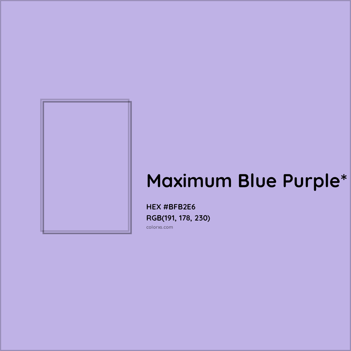 #BFB2E6 hex color. RGB, RYB, CMYK, HSL, HSV codes and color conversions. Matching color names, palettes, paints.