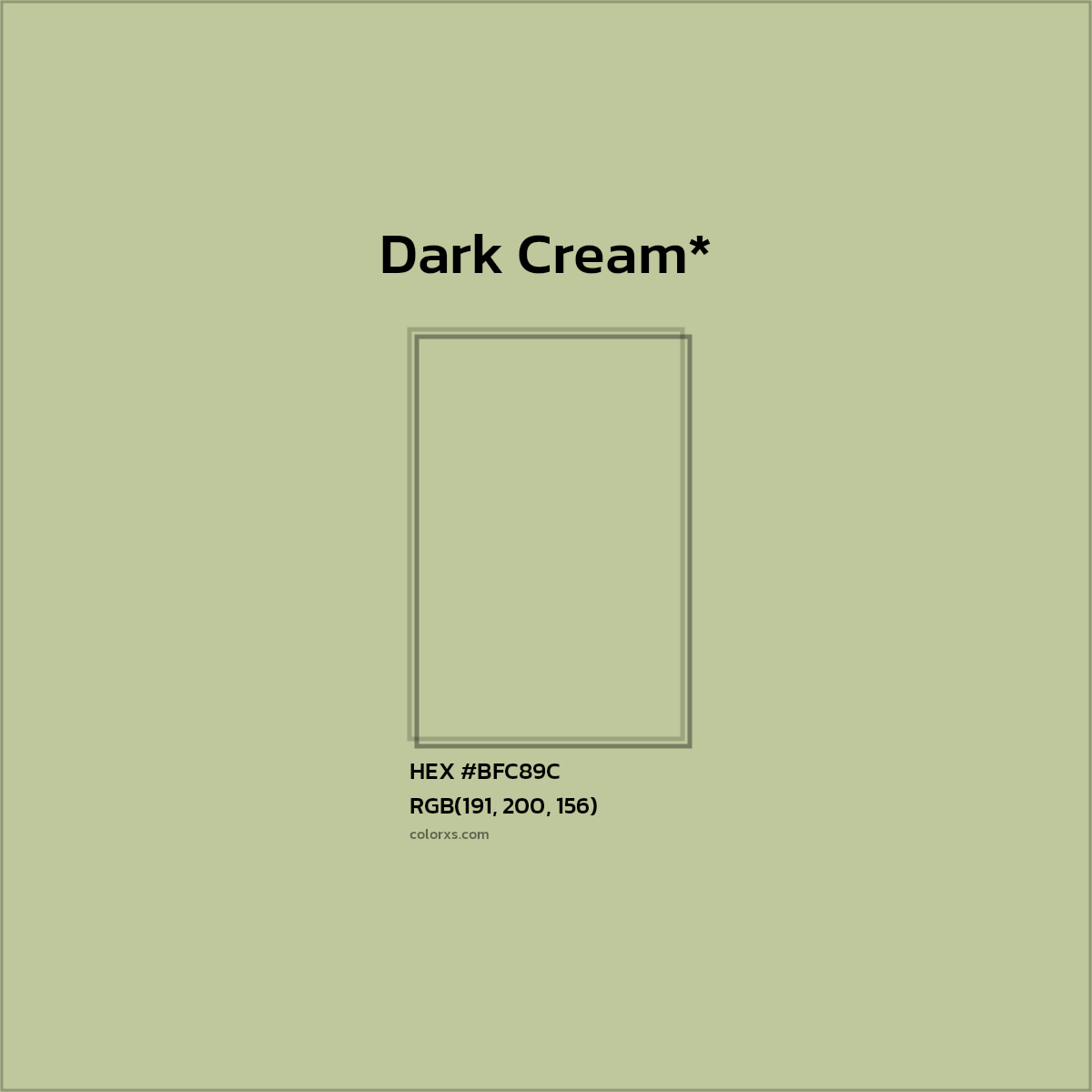 #BFC89C hex color. RGB, RYB, CMYK, HSL, HSV codes and color conversions. Matching color names, palettes, paints.