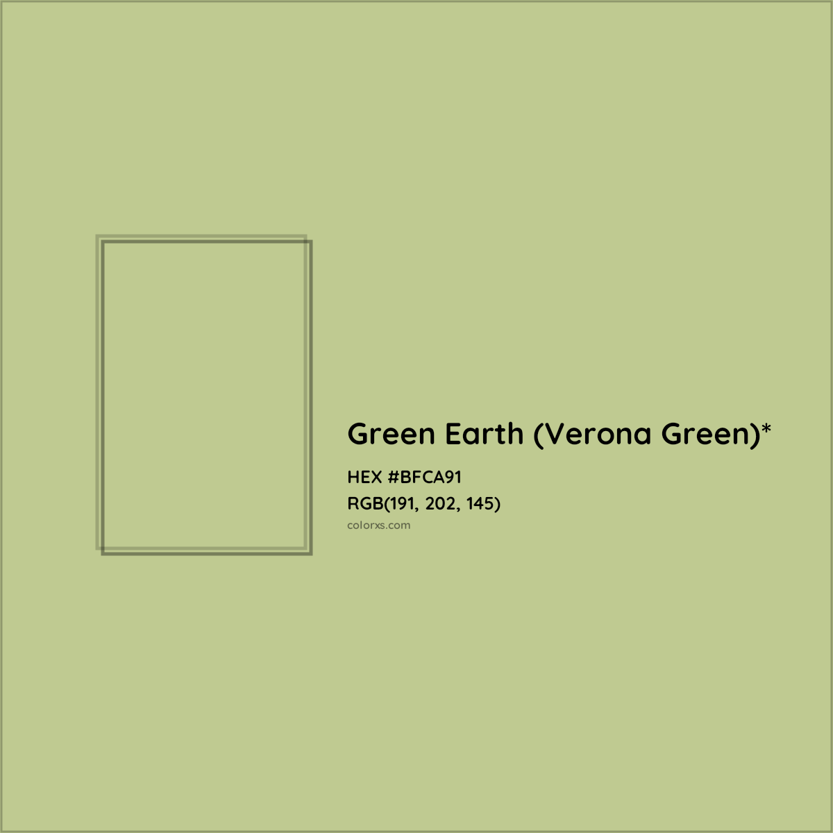 #BFCA91 hex color. RGB, RYB, CMYK, HSL, HSV codes and color conversions. Matching color names, palettes, paints.