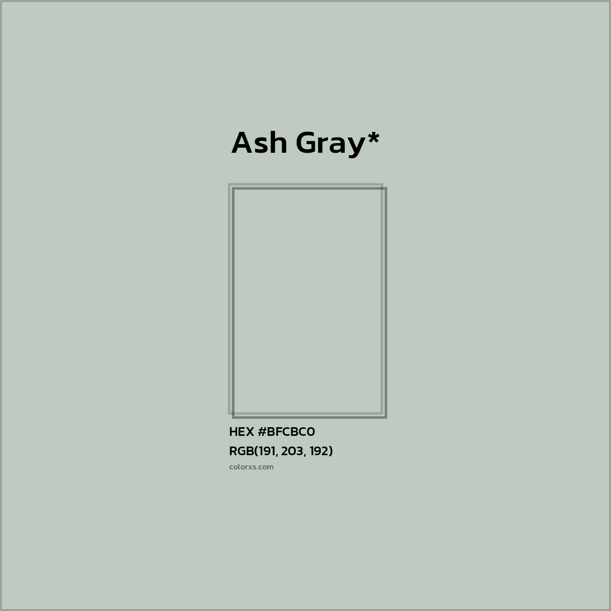 #BFCBC0 hex color. RGB, RYB, CMYK, HSL, HSV codes and color conversions. Matching color names, palettes, paints.