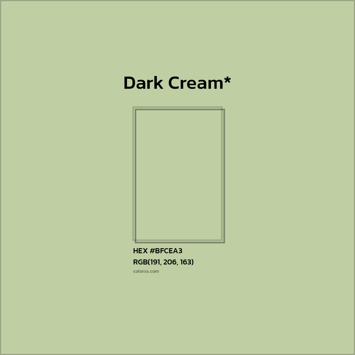#BFCEA3 hex color. RGB, RYB, CMYK, HSL, HSV codes and color conversions. Matching color names, palettes, paints.