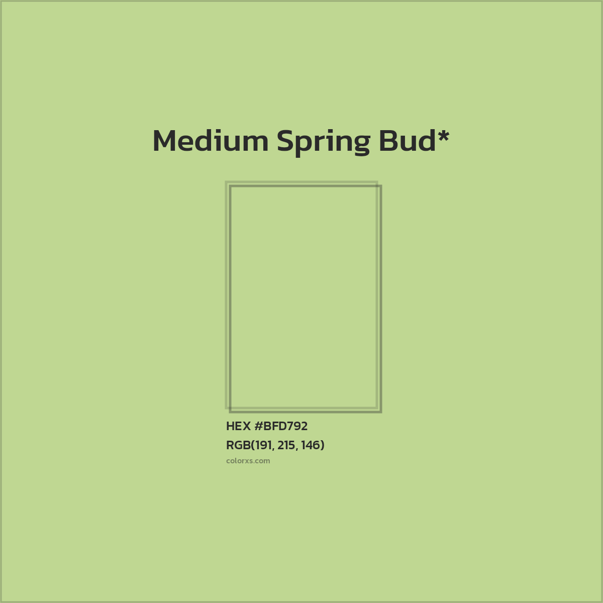 #BFD792 hex color. RGB, RYB, CMYK, HSL, HSV codes and color conversions. Matching color names, palettes, paints.