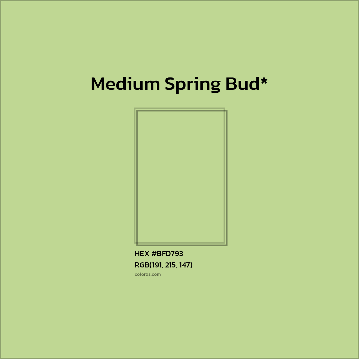 #BFD793 hex color. RGB, RYB, CMYK, HSL, HSV codes and color conversions. Matching color names, palettes, paints.