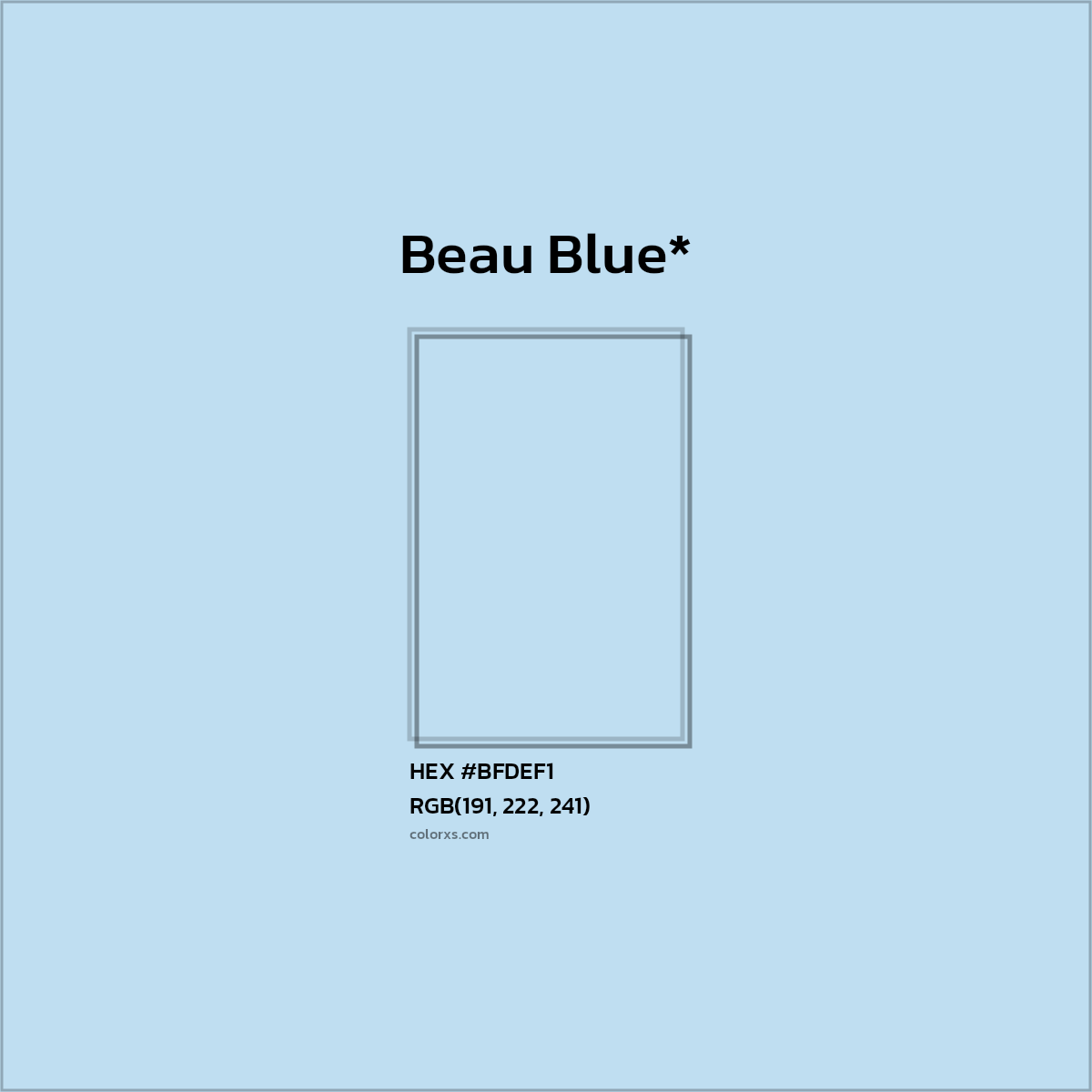 #BFDEF1 hex color. RGB, RYB, CMYK, HSL, HSV codes and color conversions. Matching color names, palettes, paints.