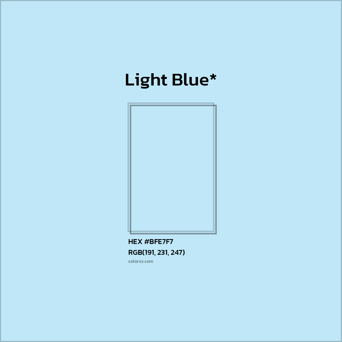 #BFE7F7 hex color. RGB, RYB, CMYK, HSL, HSV codes and color conversions. Matching color names, palettes, paints.