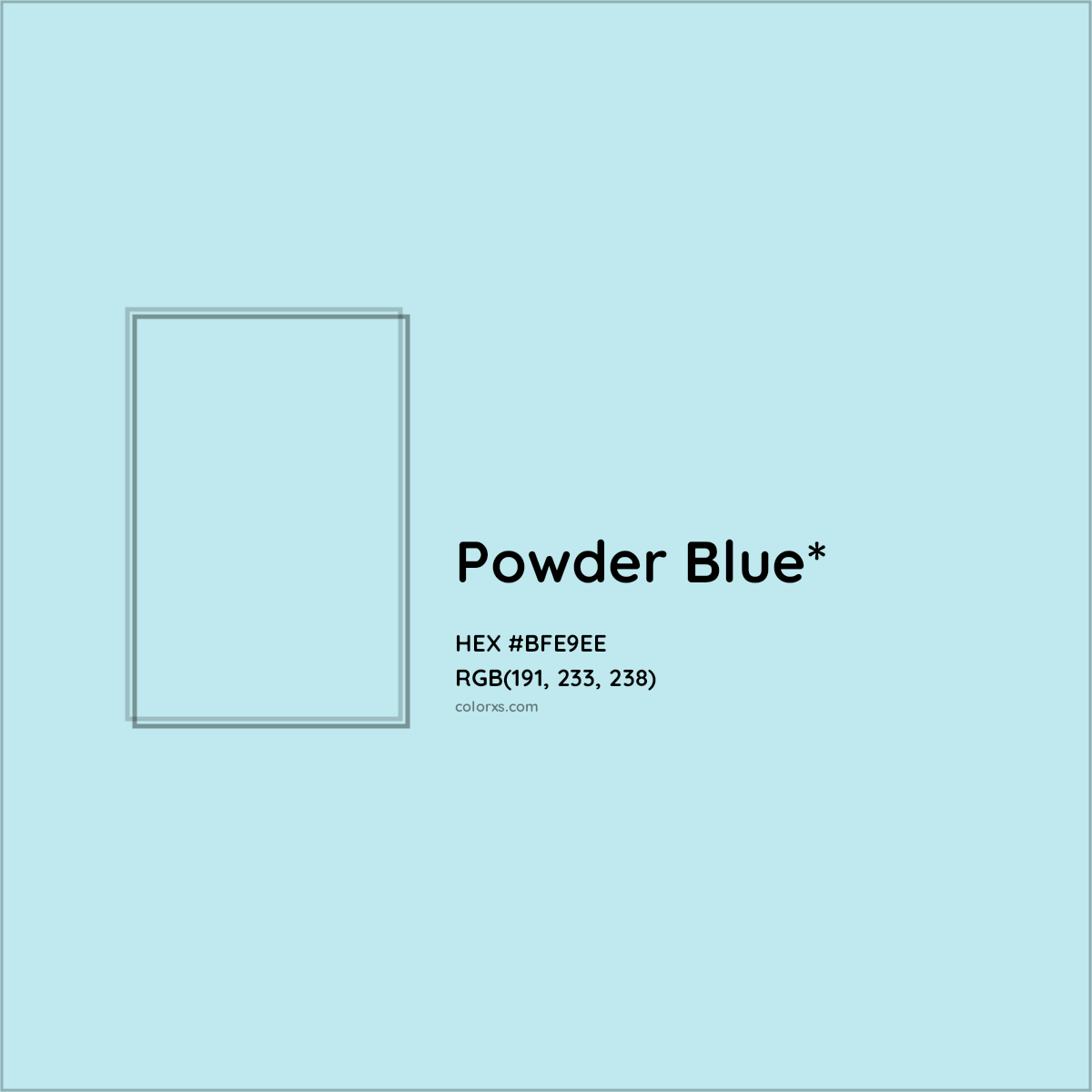 #BFE9EE hex color. RGB, RYB, CMYK, HSL, HSV codes and color conversions. Matching color names, palettes, paints.