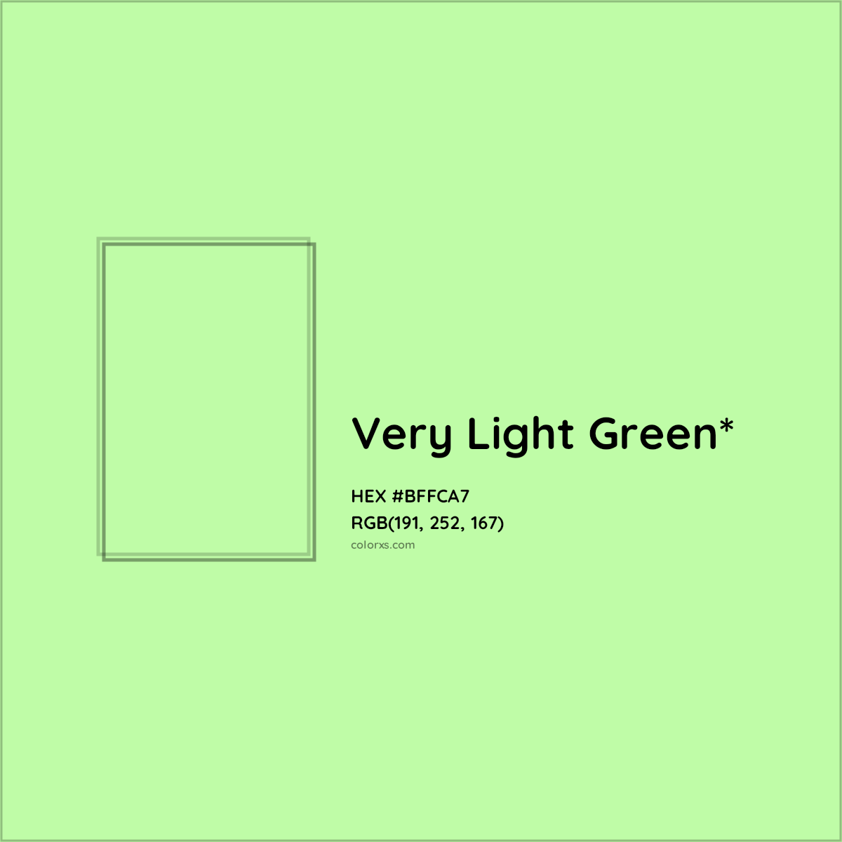 #BFFCA7 hex color. RGB, RYB, CMYK, HSL, HSV codes and color conversions. Matching color names, palettes, paints.