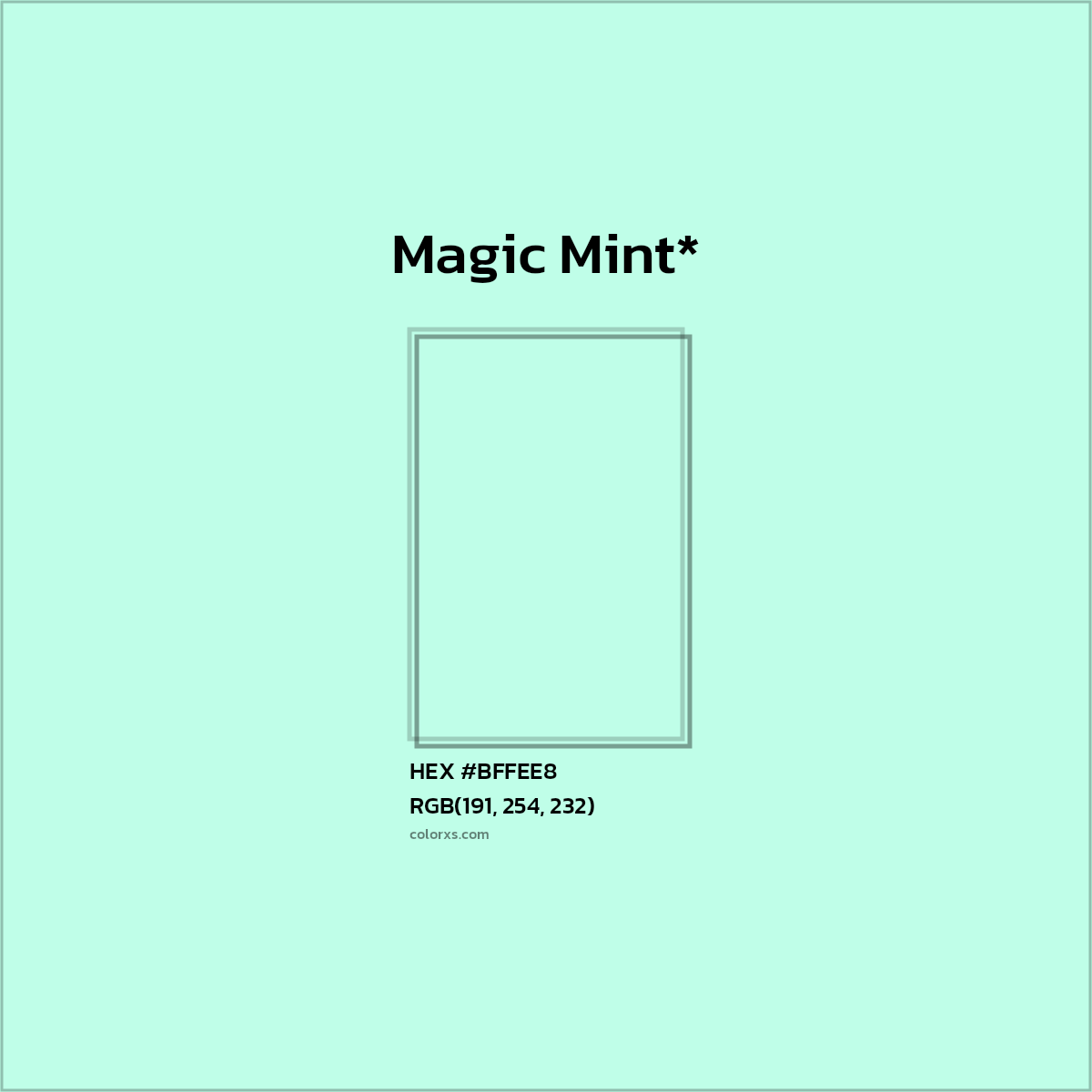 #BFFEE8 hex color. RGB, RYB, CMYK, HSL, HSV codes and color conversions. Matching color names, palettes, paints.