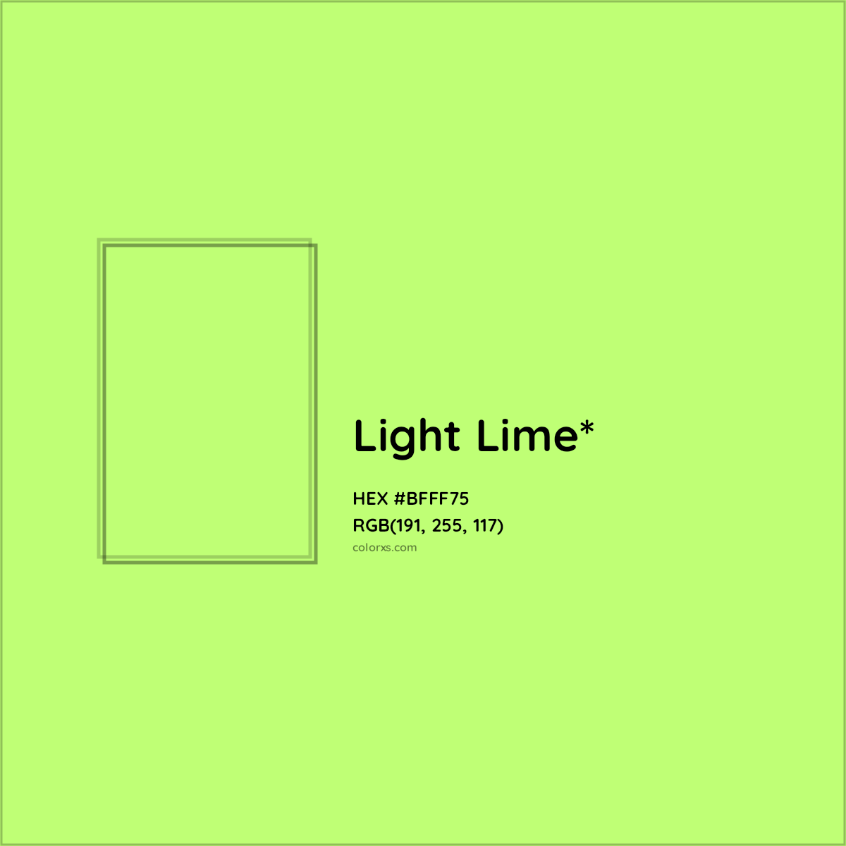 #BFFF75 hex color. RGB, RYB, CMYK, HSL, HSV codes and color conversions. Matching color names, palettes, paints.