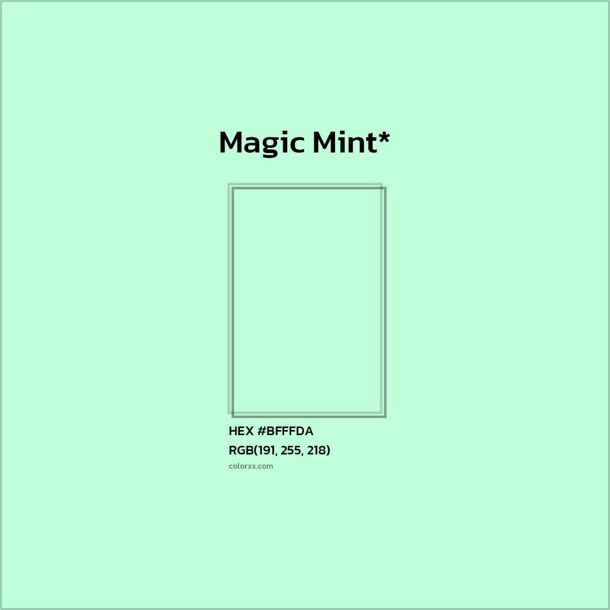 #BFFFDA hex color. RGB, RYB, CMYK, HSL, HSV codes and color conversions. Matching color names, palettes, paints.