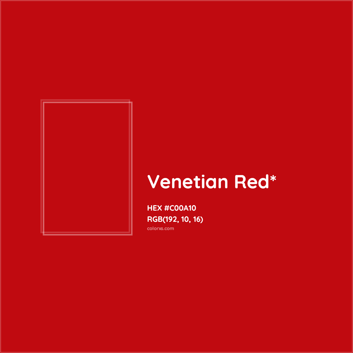 #C00A10 hex color. RGB, RYB, CMYK, HSL, HSV codes and color conversions. Matching color names, palettes, paints.