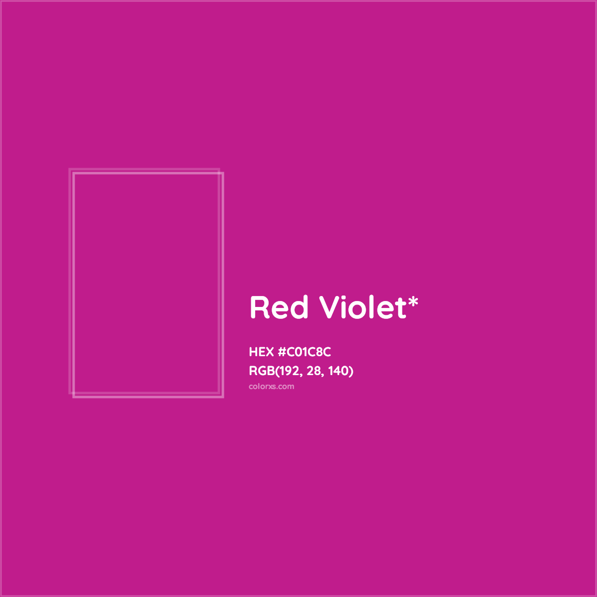 #C01C8C hex color. RGB, RYB, CMYK, HSL, HSV codes and color conversions. Matching color names, palettes, paints.