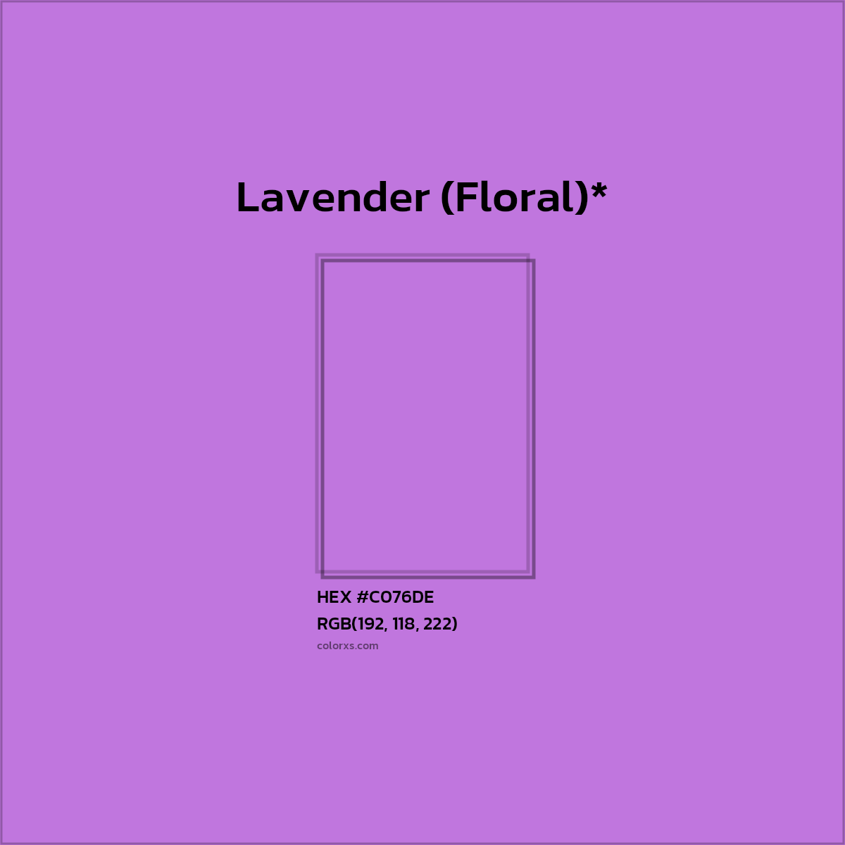 #C076DE hex color. RGB, RYB, CMYK, HSL, HSV codes and color conversions. Matching color names, palettes, paints.