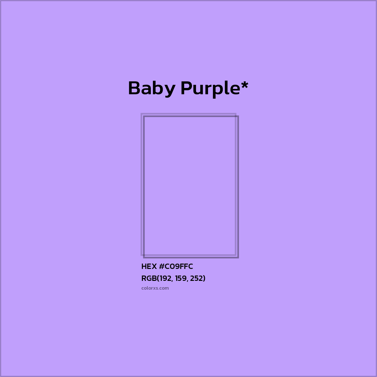 #C09FFC hex color. RGB, RYB, CMYK, HSL, HSV codes and color conversions. Matching color names, palettes, paints.