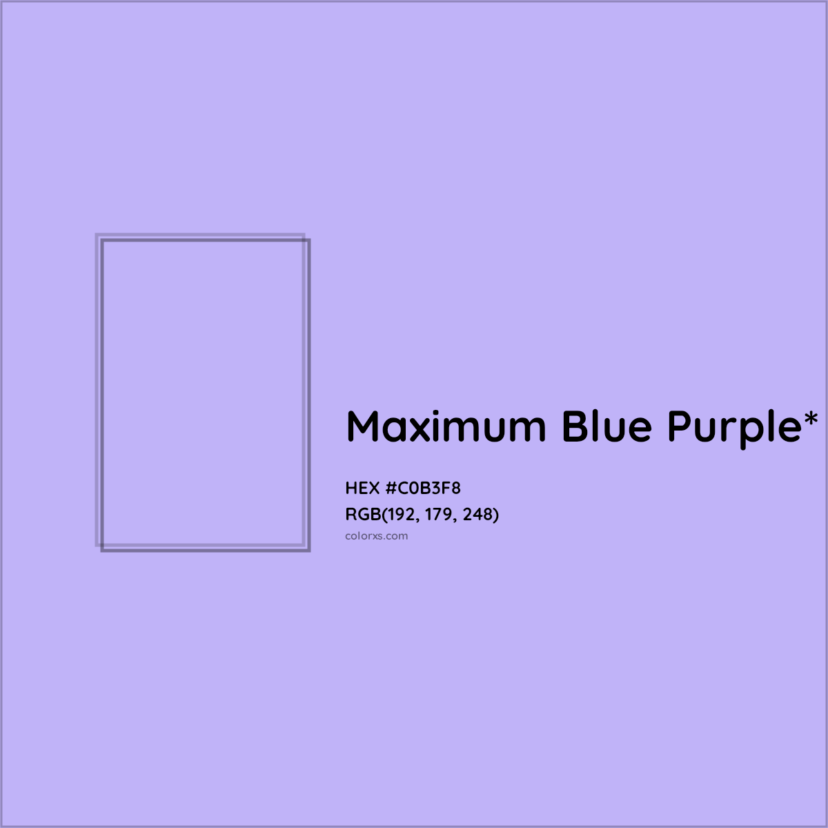 #C0B3F8 hex color. RGB, RYB, CMYK, HSL, HSV codes and color conversions. Matching color names, palettes, paints.