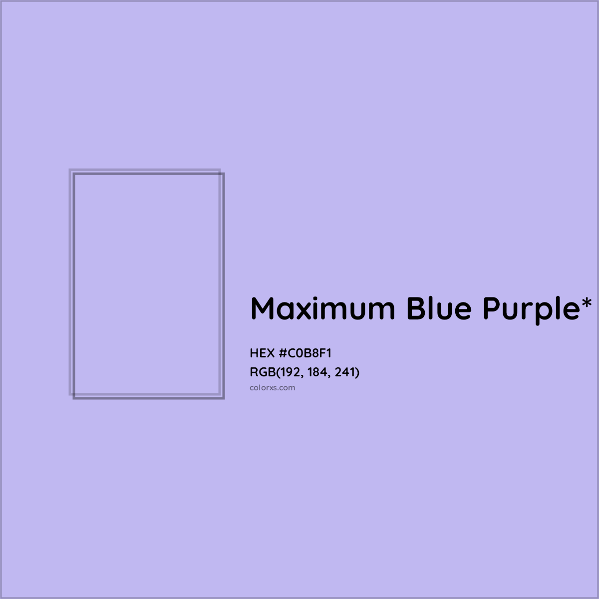 #C0B8F1 hex color. RGB, RYB, CMYK, HSL, HSV codes and color conversions. Matching color names, palettes, paints.