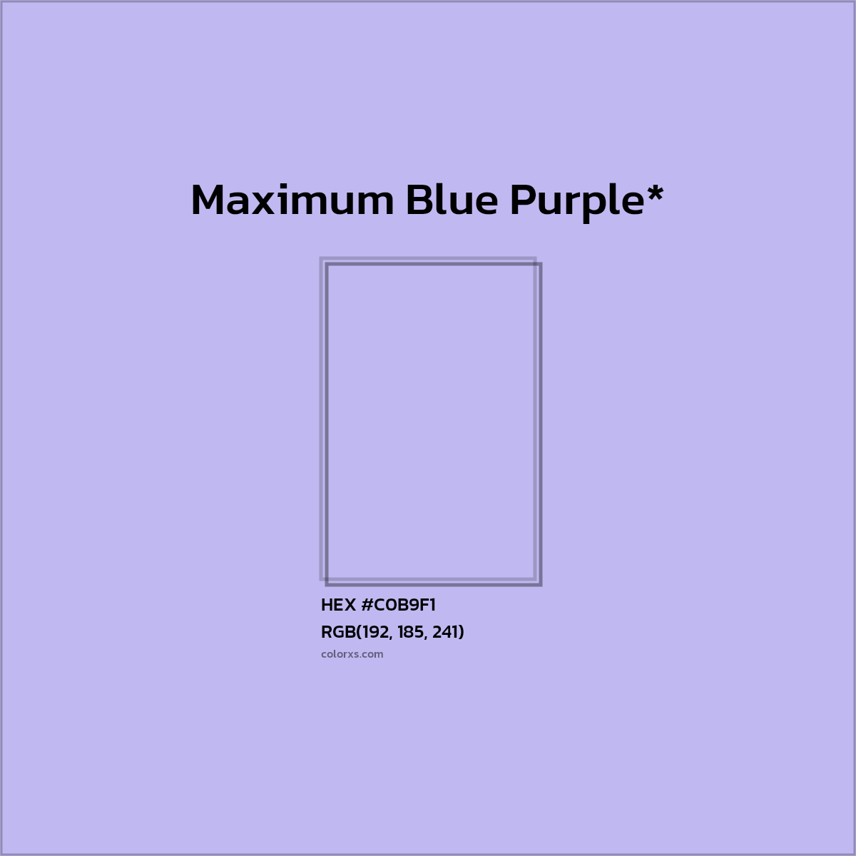 #C0B9F1 hex color. RGB, RYB, CMYK, HSL, HSV codes and color conversions. Matching color names, palettes, paints.