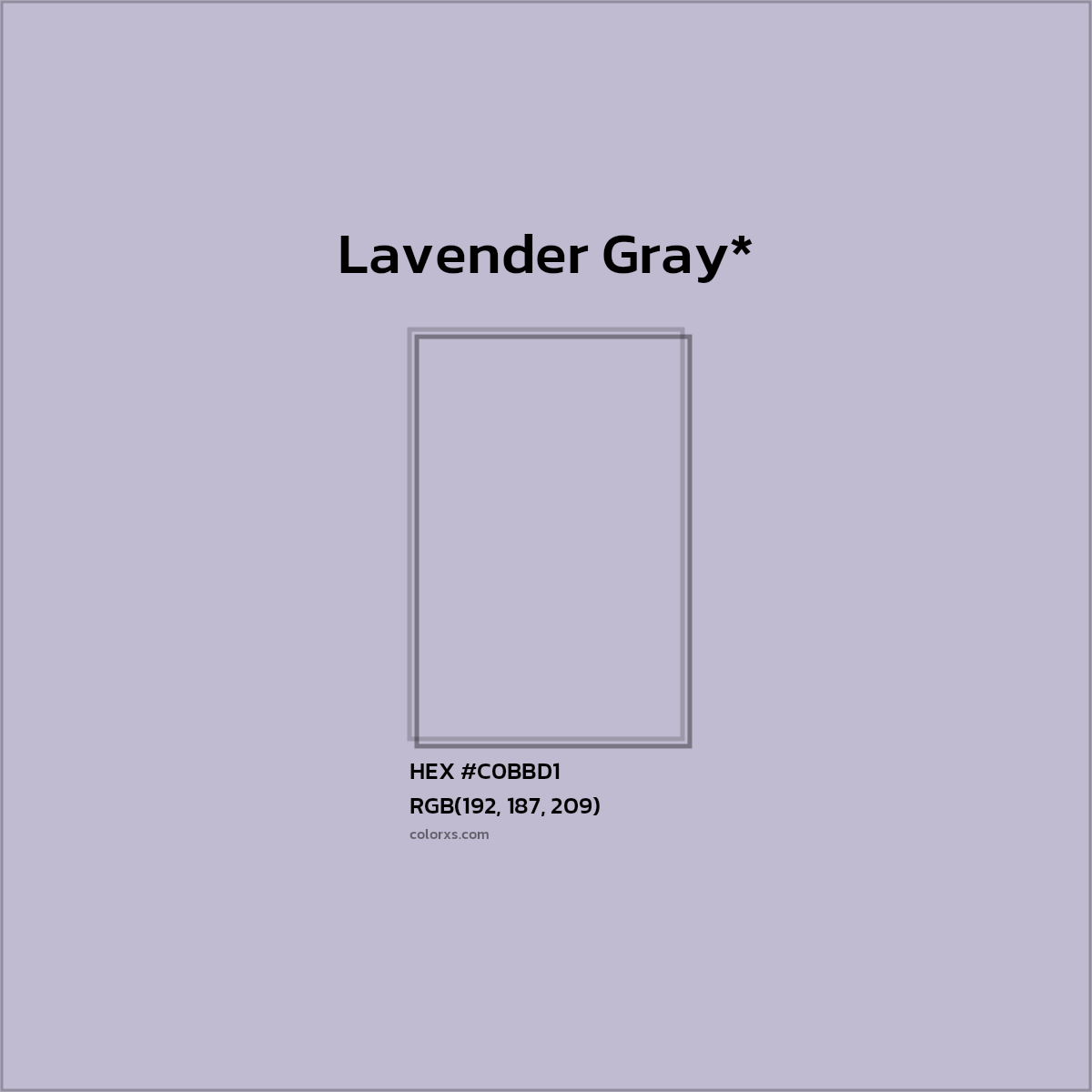 #C0BBD1 hex color. RGB, RYB, CMYK, HSL, HSV codes and color conversions. Matching color names, palettes, paints.