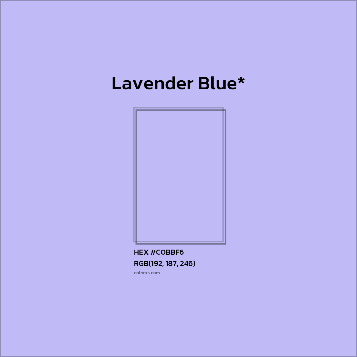 #C0BBF6 hex color. RGB, RYB, CMYK, HSL, HSV codes and color conversions. Matching color names, palettes, paints.