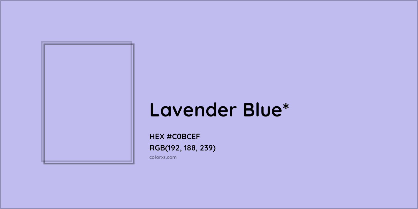 #C0BCEF hex color. RGB, RYB, CMYK, HSL, HSV codes and color conversions. Matching color names, palettes, paints.
