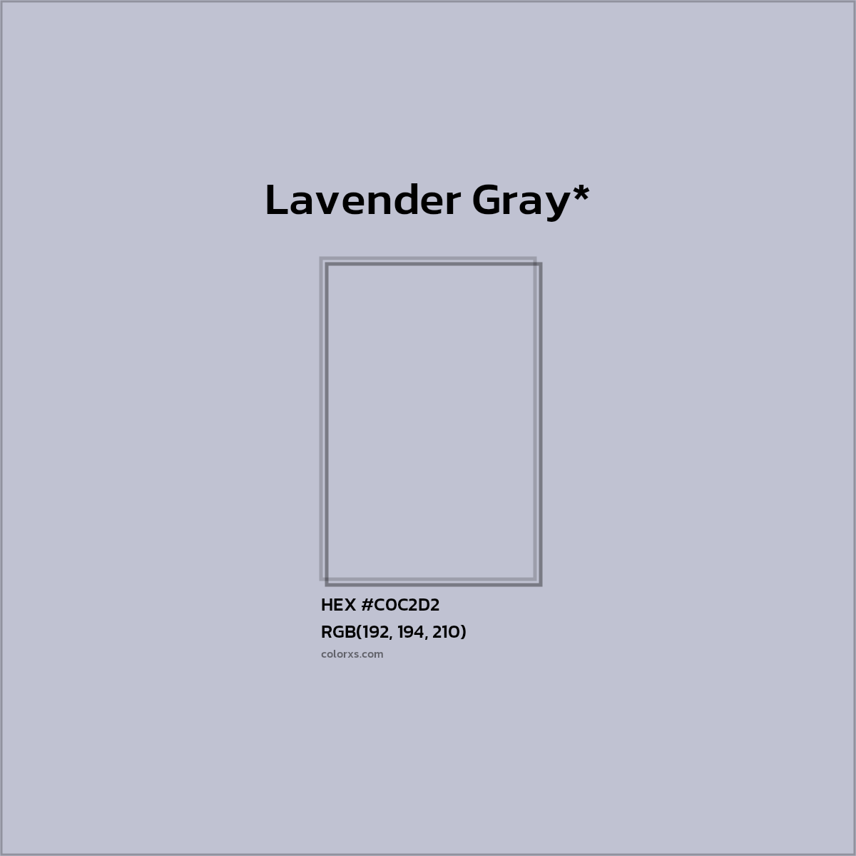 #C0C2D2 hex color. RGB, RYB, CMYK, HSL, HSV codes and color conversions. Matching color names, palettes, paints.