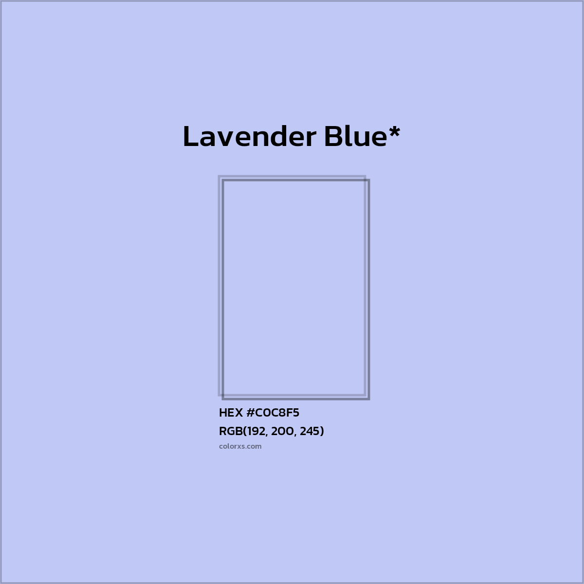 #C0C8F5 hex color. RGB, RYB, CMYK, HSL, HSV codes and color conversions. Matching color names, palettes, paints.