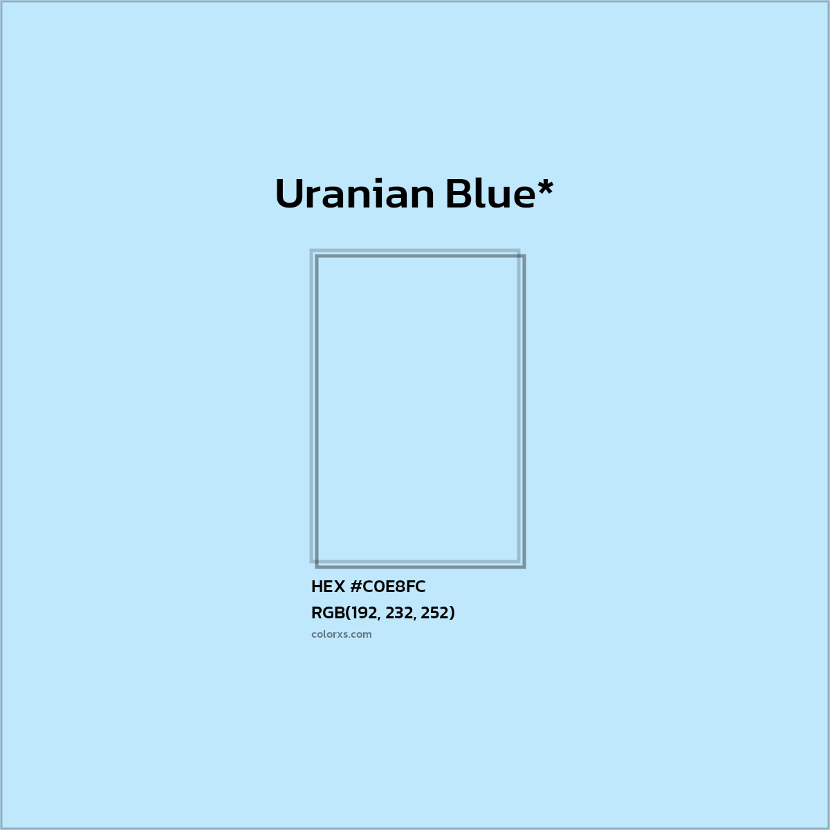 #C0E8FC hex color. RGB, RYB, CMYK, HSL, HSV codes and color conversions. Matching color names, palettes, paints.