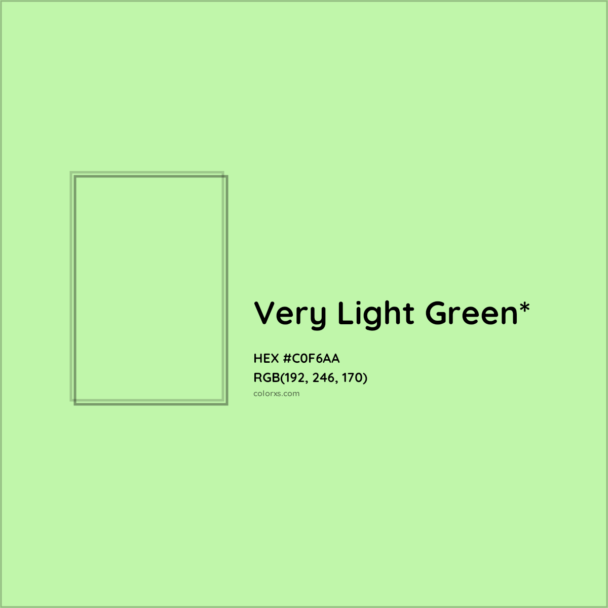 #C0F6AA hex color. RGB, RYB, CMYK, HSL, HSV codes and color conversions. Matching color names, palettes, paints.