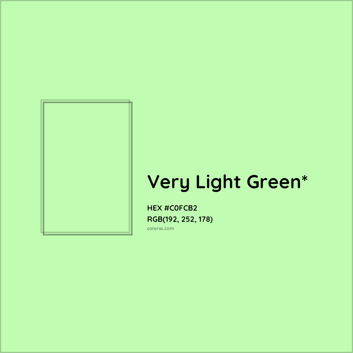 #C0FCB2 hex color. RGB, RYB, CMYK, HSL, HSV codes and color conversions. Matching color names, palettes, paints.