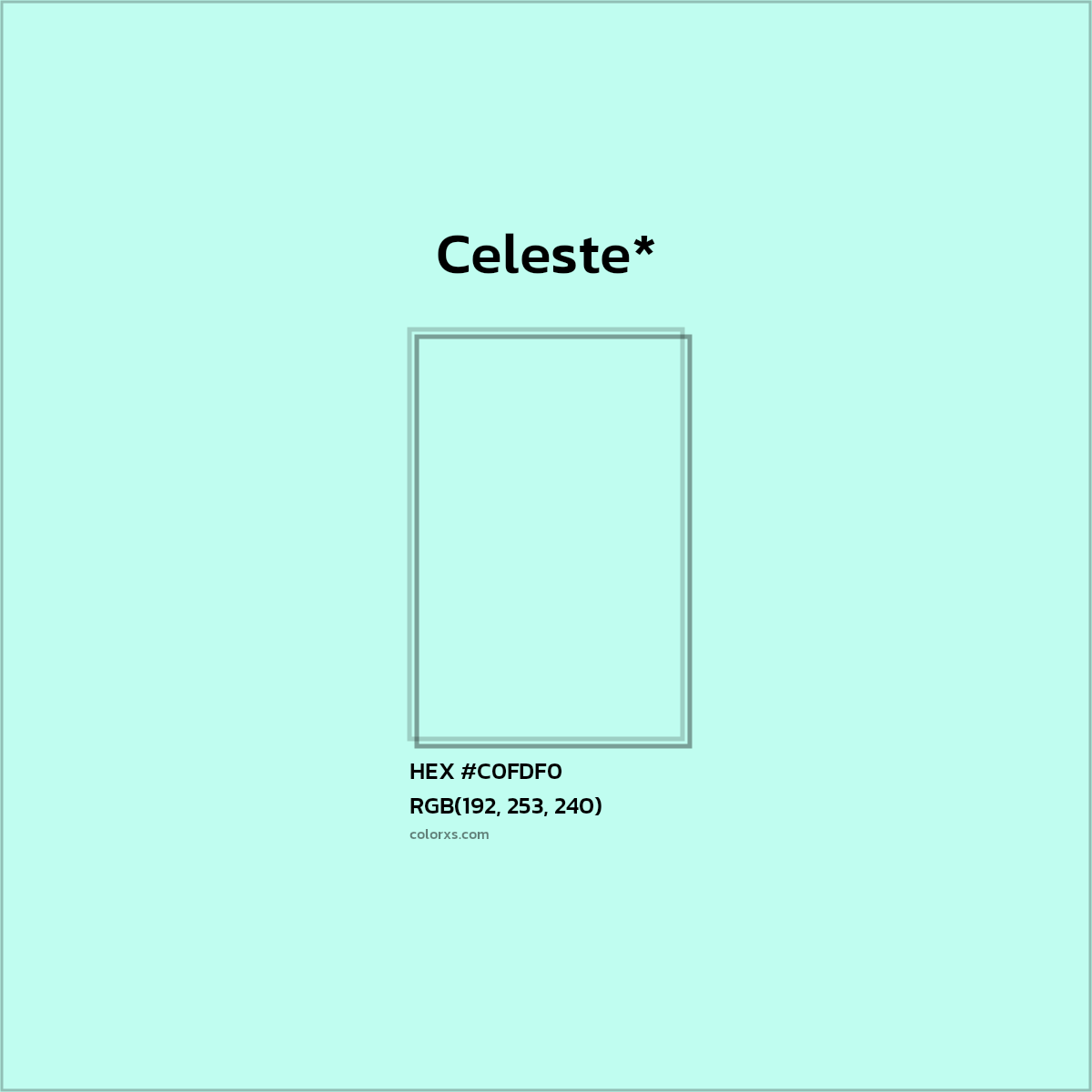 #C0FDF0 hex color. RGB, RYB, CMYK, HSL, HSV codes and color conversions. Matching color names, palettes, paints.