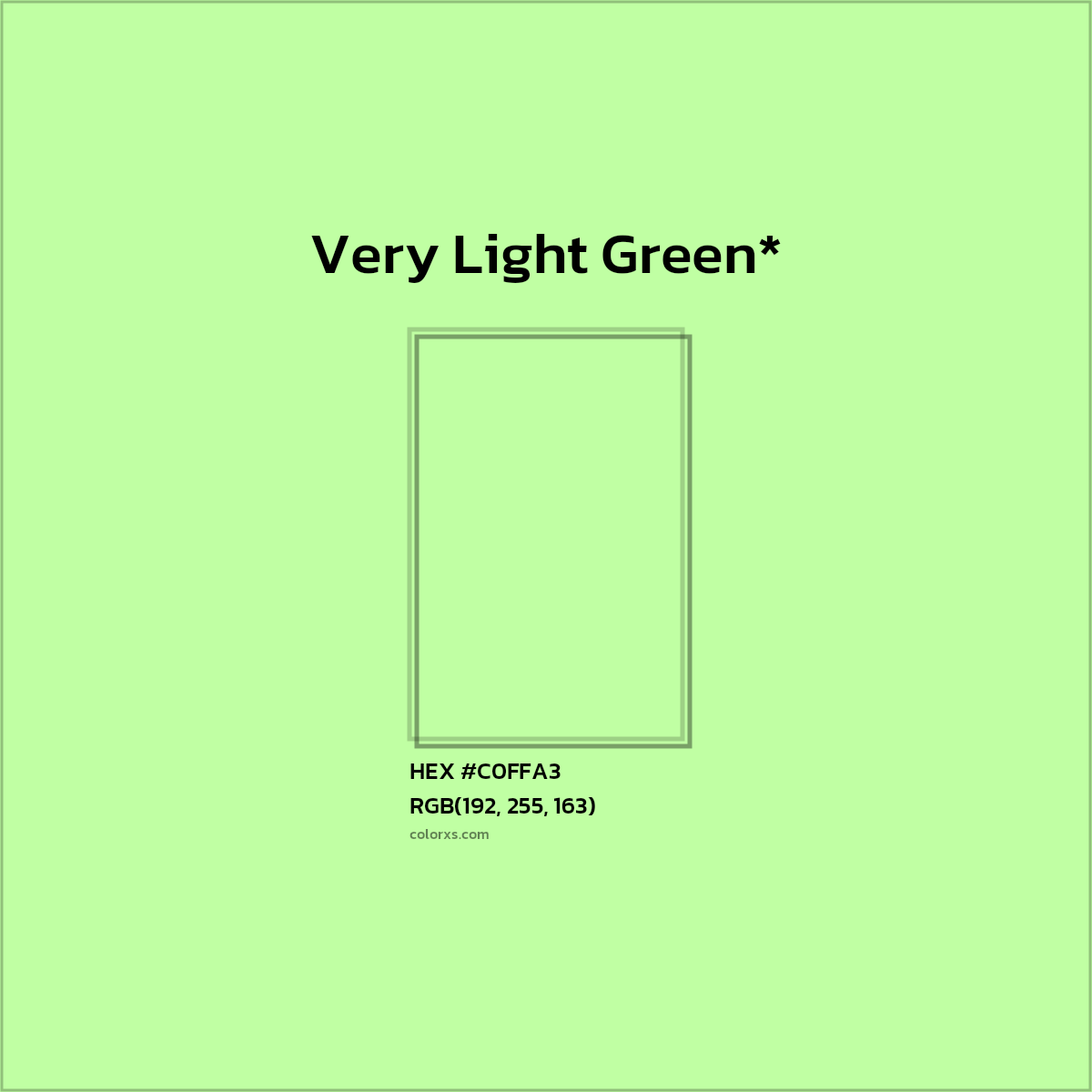 #C0FFA3 hex color. RGB, RYB, CMYK, HSL, HSV codes and color conversions. Matching color names, palettes, paints.