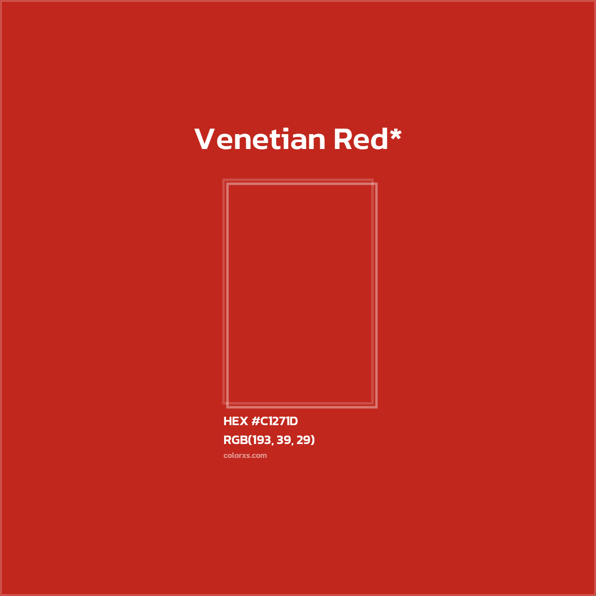 #C1271D hex color. RGB, RYB, CMYK, HSL, HSV codes and color conversions. Matching color names, palettes, paints.