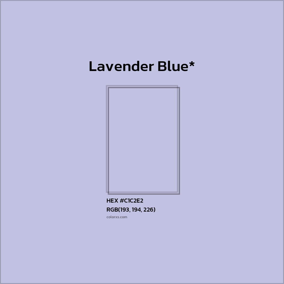 #C1C2E2 hex color. RGB, RYB, CMYK, HSL, HSV codes and color conversions. Matching color names, palettes, paints.