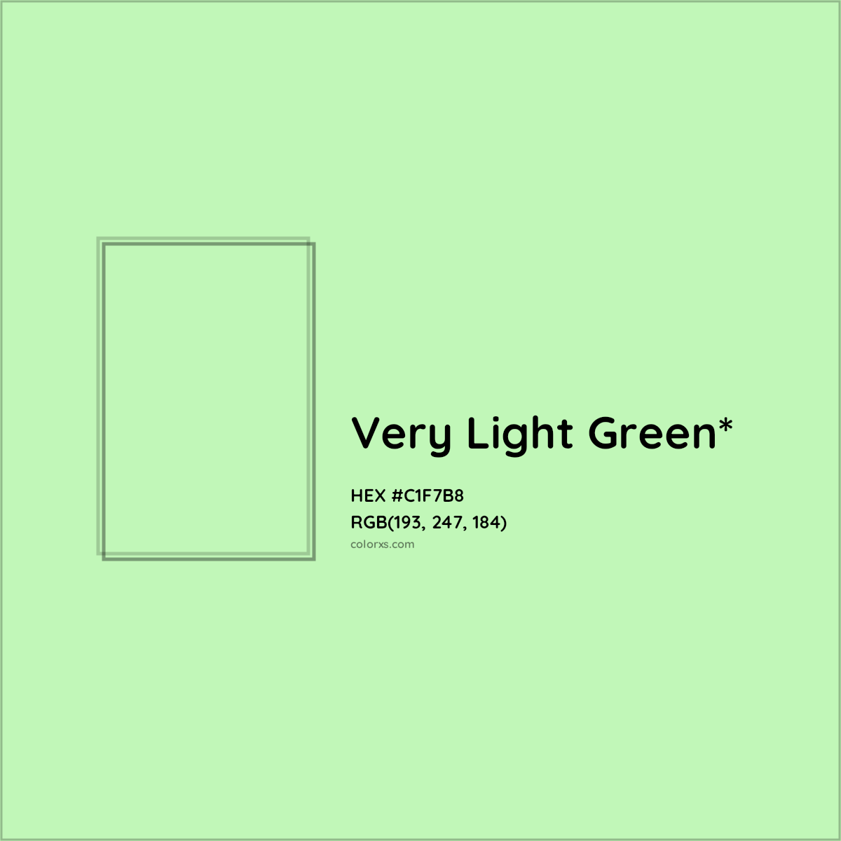 #C1F7B8 hex color. RGB, RYB, CMYK, HSL, HSV codes and color conversions. Matching color names, palettes, paints.
