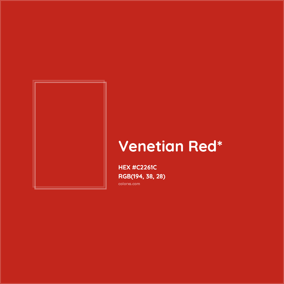 #C2261C hex color. RGB, RYB, CMYK, HSL, HSV codes and color conversions. Matching color names, palettes, paints.