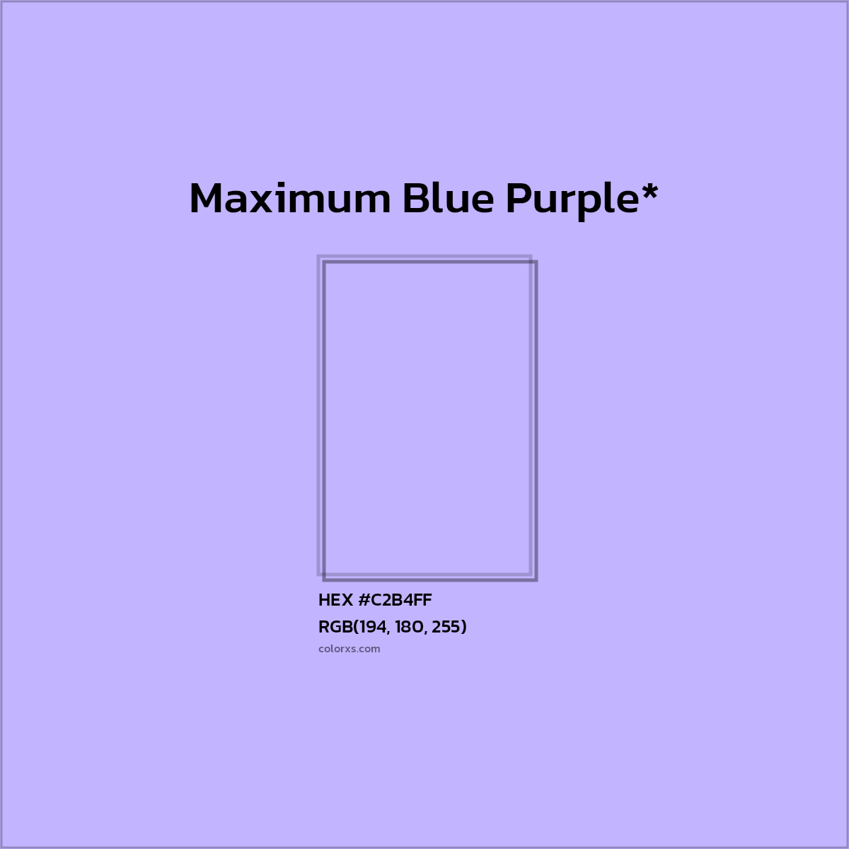 #C2B4FF hex color. RGB, RYB, CMYK, HSL, HSV codes and color conversions. Matching color names, palettes, paints.
