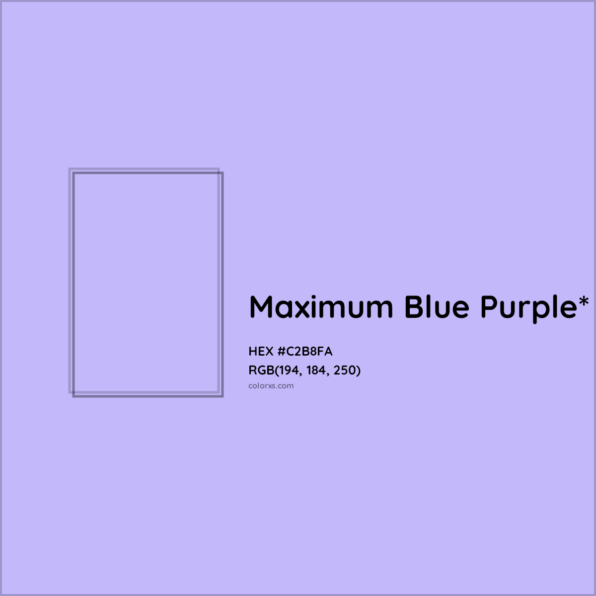 #C2B8FA hex color. RGB, RYB, CMYK, HSL, HSV codes and color conversions. Matching color names, palettes, paints.